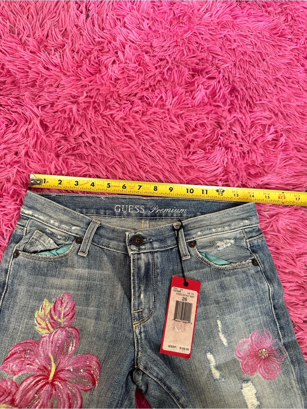 Guess Blue Denim Flare Jeans with Pink Floral Embroidery - Picture 11 of 15